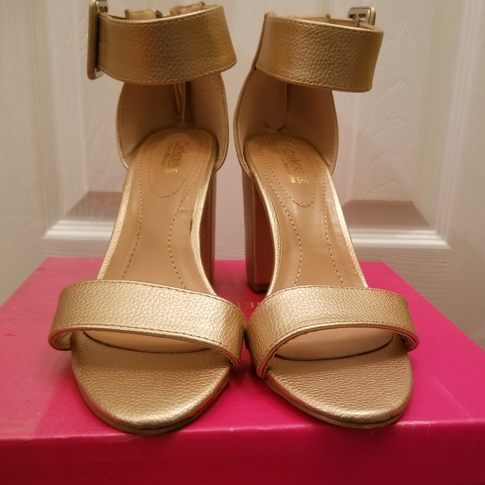 Catherine Malandrino Gold Ankle-Strap Block Heel Sandals